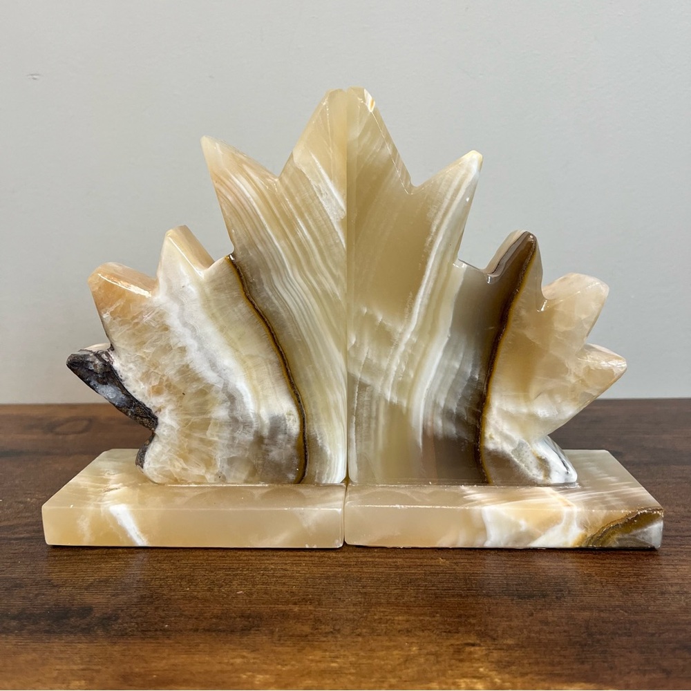 Pair of Vintage Heavy Onyx Bookends Maple Leaf Shaped